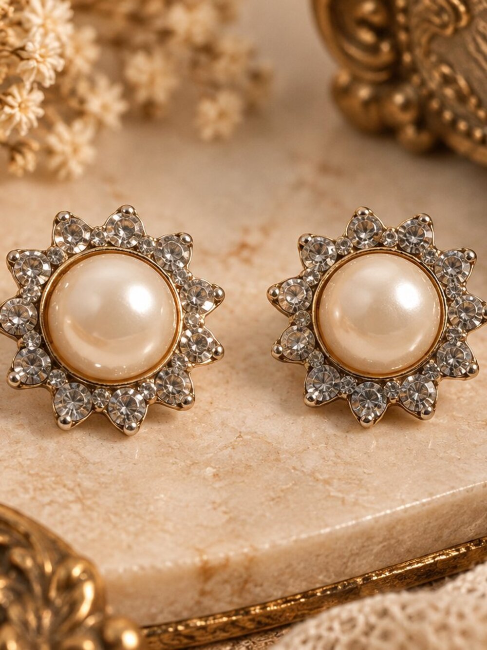 Vintage Style Faux Pearl & Rhinestone Sunburst Clip-On Earrings